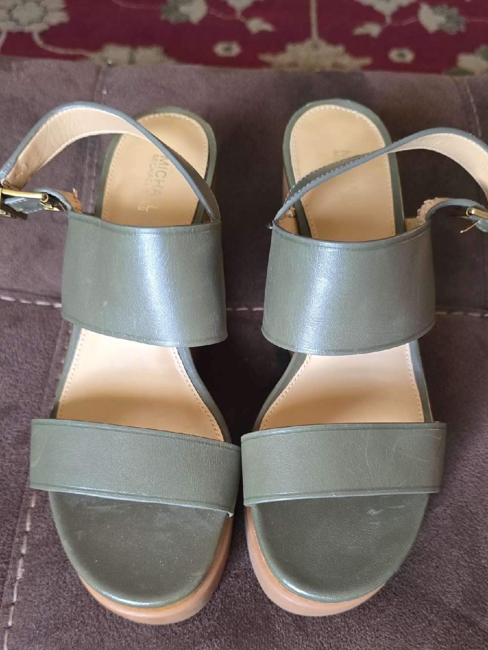 MICHAEL Michael Kors Olive Green Leather Platform Sandals with Ankle Strap